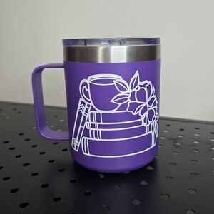 Book Lovers Mug, Purple Insulated Travel Mug with White Book & Floral Design